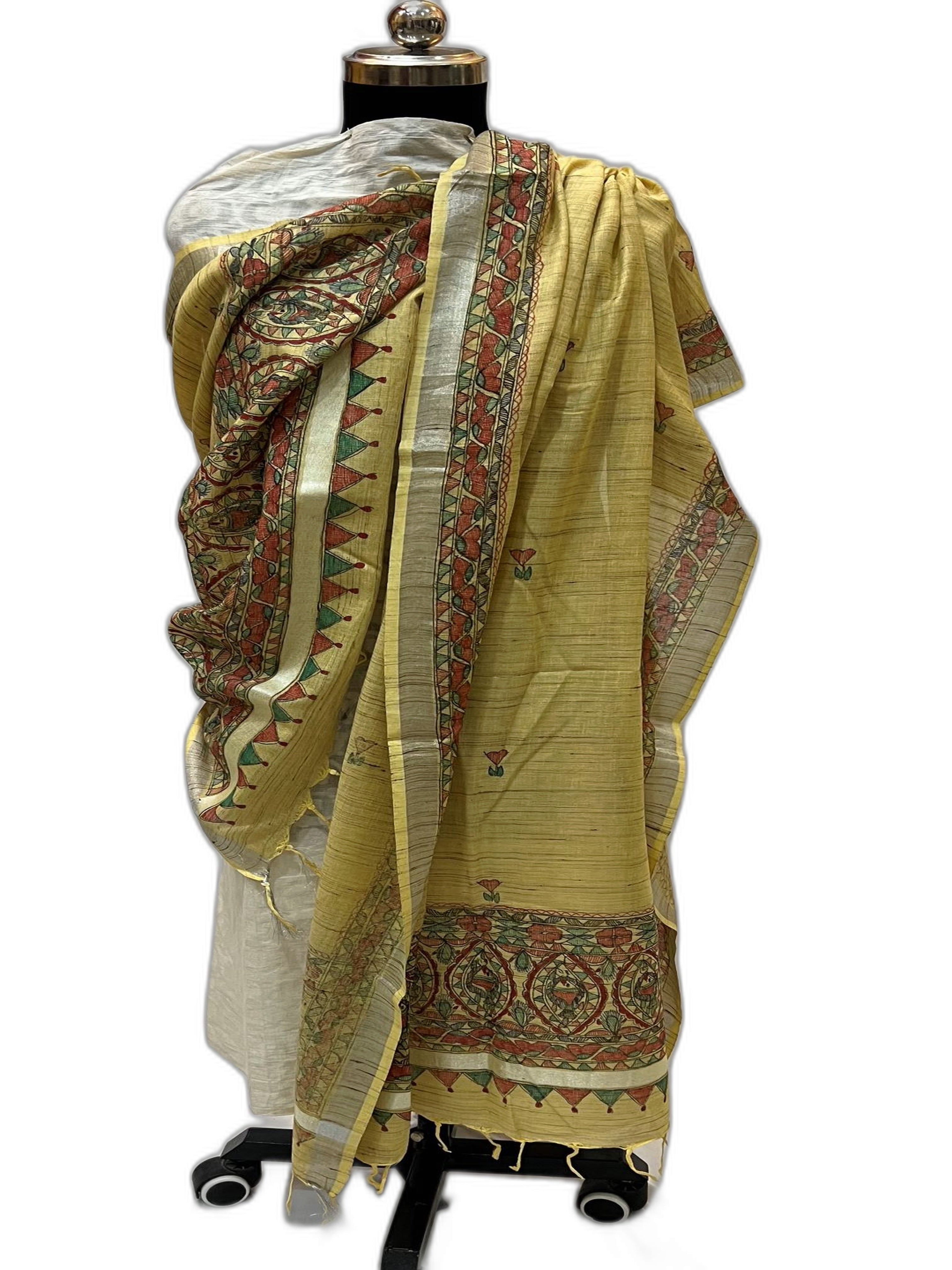 Hand-Painted Cotton Dupatta with Silver Zari Border